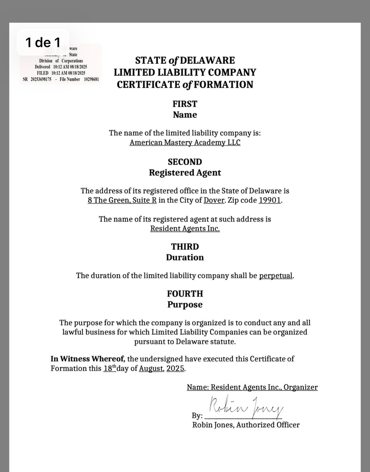 State of Delaware - Certificate of Formation - American Mastery Academy LLC